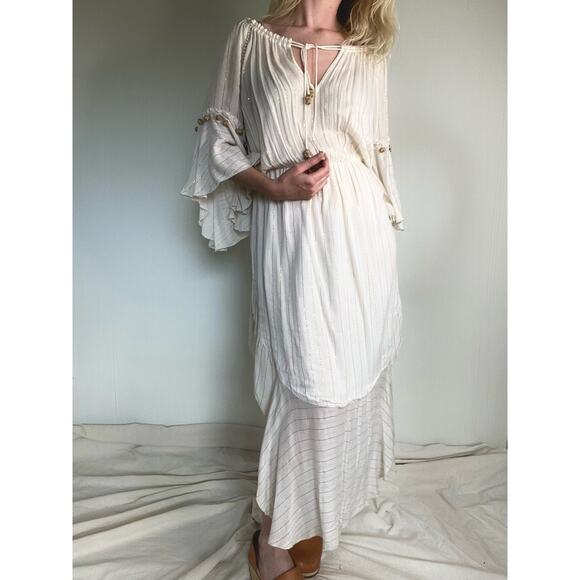 SAYLOR Grecian Goddess Ivory Gauze Off Shoulder Bell Sleeve Maxi Dress US SMALL - Picture 12 of 16